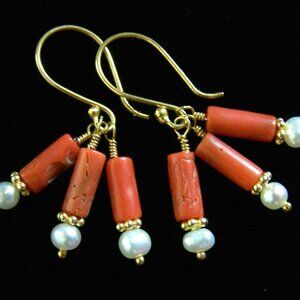 Genuine ITALIAN CORAL & PEARL Earrings 22k Gold Vermeil Colorful Cluster